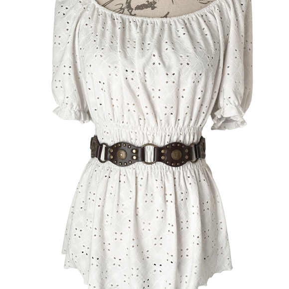 Western brown faux leather concho gold buckle Boho festival studded waist belt - Picture 4 of 15